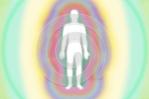 Muted retro pulsing rainbow aura layers - energy field with human figure