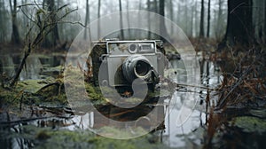 Muted Surrealism: Abandoned Camera In Swamp - Forestpunk Photobash photo