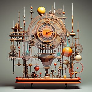 Muted Surrealism Clock With Revolving Globes And Fantastical Contraptions photo