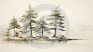 Muted Tonality: Island Sketch Of Pine Trees Along Water photo