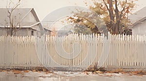 Muted Tones: A Suburban Gothic Streetscape Painting With A White Fence