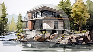 Muted Watercolor Drawing Of Modern Home On Rocky Shore