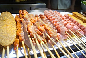 Mutton cubes roasted on a skewer