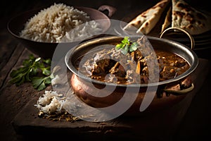 Mutton curry in a bowl along with rice and roti on a wooden table