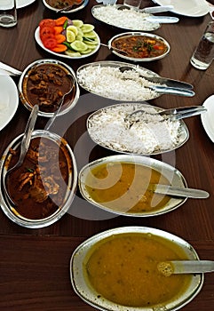 Mutton curry with rice, salad, traditional bengali lunch items