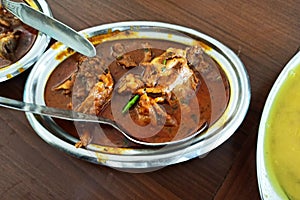 Mutton curry with salad, traditional bengali lunch items