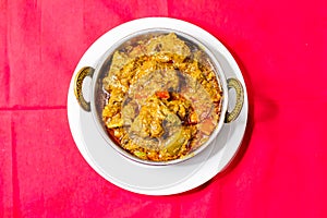 mutton karahi, Indian Lamb Curry, mutton bhuna masala served in karahi top view of pakistani food