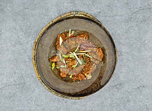 mutton karahi rogan josh korma masala served in dish isolated on background top view of indian spices and pakistani food