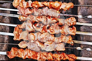 Mutton meat made as a shashlik on the outdoor country pick-nick