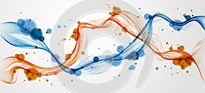 Mutual array of particles flowing, double dynamic sound wave. Mesh round dots, beautiful relaxing