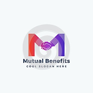 Mutual Benefit Abstract Vector Sign, Symbol or Logo Template. Hand Shake Incorporated in Letter M Concept.