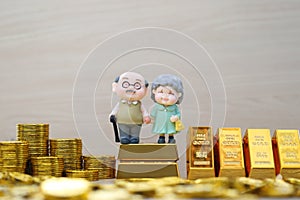 Mutual fund,Love couple senior on gold bar and stack of gold coin money on wooder background, Save money for prepare in future and