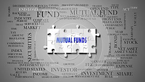 Mutual Funds as a complex subject, related to important topics spreading around as a word cloud photo