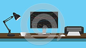 Mutual funds data graph in monitor desk with lamp printer