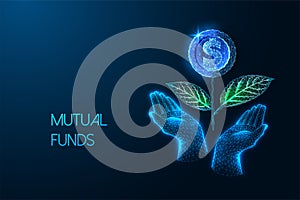 Mutual funds, sustainable growth, financial prosperity futuristic concept on dark blue background