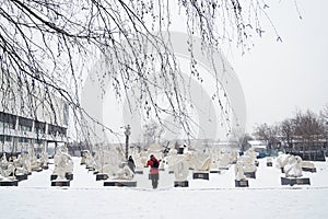 Muzeon sculpture park in Moscow in winter.