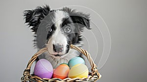 Muzzle of border collie dog with basket of easter eggs in mouth. Generative AI