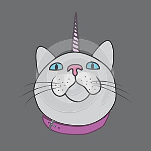 The muzzle of the cat that looks up. Cat with a horn. Vector fairy illustration.