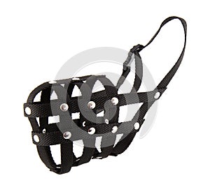 Muzzle dog isolated on white background. The muzzle basket is black cloth and for large dogs. Breeds like boxer, hound