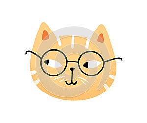 Muzzle of funny cute cat in glasses vector flat illustration. Portrait of clever feline character isolated on white