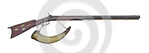 Muzzle loading rifle and powder horn isolated.