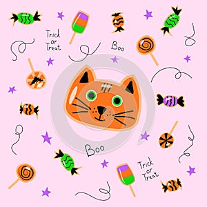 Muzzle red cat, lollipops, candy, stars, serpentine isolated on a pink background. Halloween illustration for children