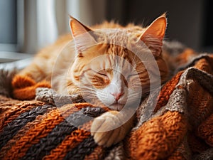 The muzzle of a sleeping ginger cat with its paw stretched forward.