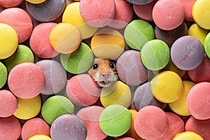 Muzzle of Syrian hamster sticks out among macaroon cookies. Funny pet and bright sweets.