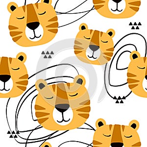 Muzzle of tigers, decorative cute background. Colorful seamless pattern with muzzles of animals photo