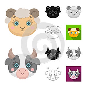 Muzzles of animals cartoon,black,flat,monochrome,outline icons in set collection for design. Wild and domestic animals