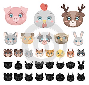 Muzzles of animals cartoon, black icons in set collection for design. Wild and domestic animals vector symbol stock web