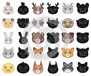 Muzzles of animals cartoon,black icons in set collection for design. Wild and domestic animals vector symbol stock web
