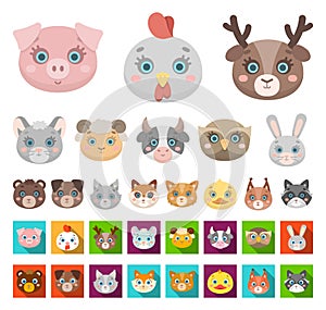 Muzzles of animals cartoon,flat icons in set collection for design. Wild and domestic animals vector symbol stock web