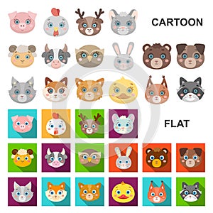 Muzzles of animals cartoon icons in set collection for design. Wild and domestic animals vector symbol stock web