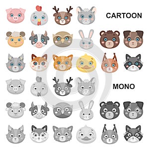 Muzzles of animals cartoon icons in set collection for design. Wild and domestic animals vector symbol stock web