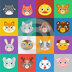 Muzzles of animals cartoon icons in set collection for design. Wild and domestic animals vector symbol stock web