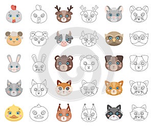 Muzzles of animals cartoon,outline icons in set collection for design. Wild and domestic animals vector symbol stock web