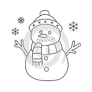 Line drawing of a snowman in black and white for coloring vector photo