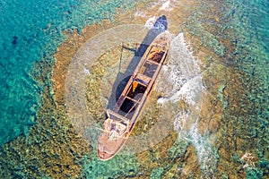 MV Demetrios II cargo ship wrecks on the coral riffs among the sea waves, Paphos