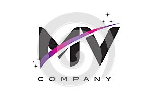 MV M V Black Letter Logo Design with Purple Magenta Swoosh