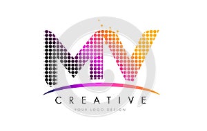 MV M V Letter Logo Design with Magenta Dots and Swoosh