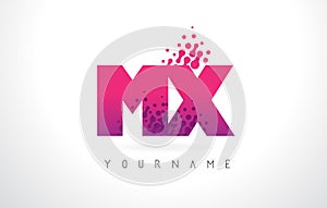 MX M X Letter Logo with Pink Purple Color and Particles Dots Design. photo