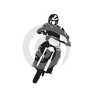 MX racing, motocross rider, isolated vector silhouette, front view. Ink drawing