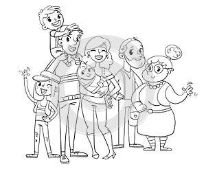 My big family posing together. Coloring book photo