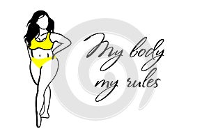 My body is my rule. Body positive concept. Girl on a white background in a swimsuit. Woman in a bikin. Yellow