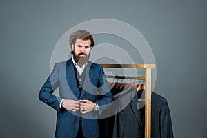 my choice. Handsome bearded fashion man in classical costume suit. Man in custom tailored suit presenting expensive