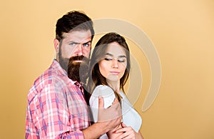 My couple. male and female fashion. valentines day. sexy woman and brutal guy with beard. passion couple. couple in love