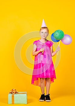 my day. beautiful teen girl with present box. kid holding gift package. holiday preparation and celebration childhood