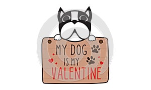 My Dog is my Valentine isolated on white background. Dog Boston terrier Lover Handwriting design. For t shirt, greeting card or