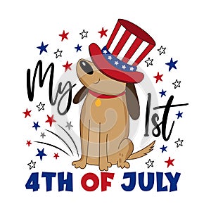 My first 4th of July - cartoon dog in uncle sam hat and with fireworks